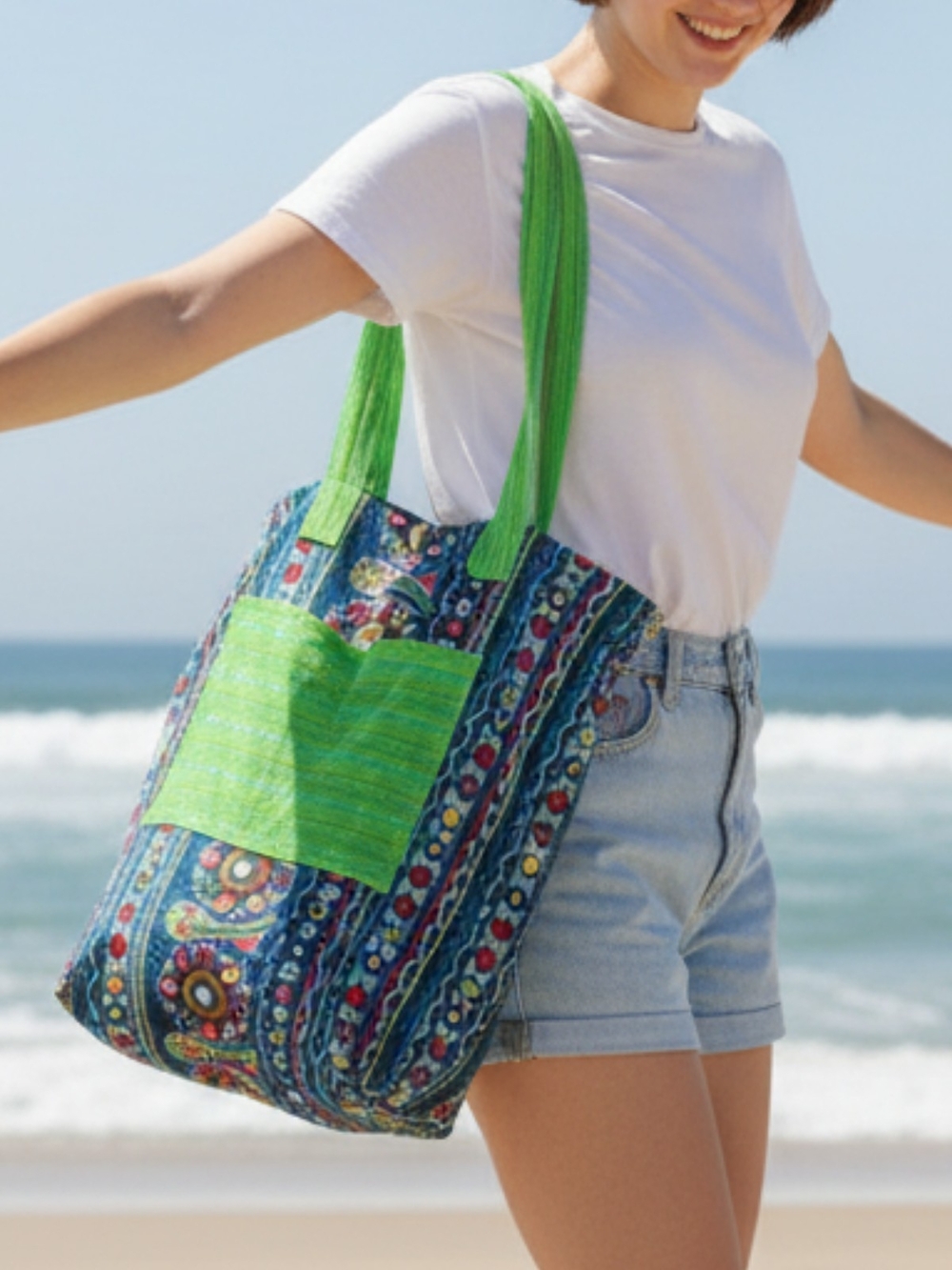 Blue Patterned ANU Tote with Bright Green Accents